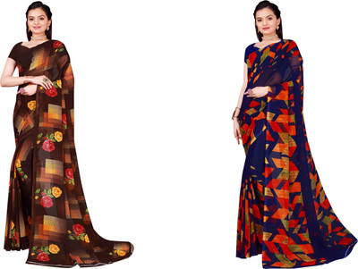 Suali Floral Print Daily Wear Georgette Saree(Pack of 2, Dark Blue, Brown)