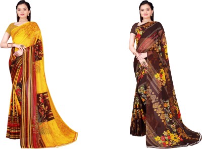 Saadhvi Printed Daily Wear Georgette Saree(Pack of 2, Brown, Yellow)