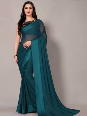 Rudra Enterprise Solid/Plain Bollywood Chiffon Saree(Dark Blue)