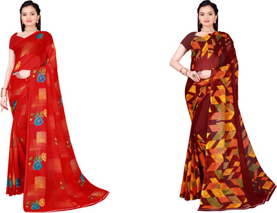 Suali Floral Print Daily Wear Georgette Saree(Pack of 2, Red, Maroon)