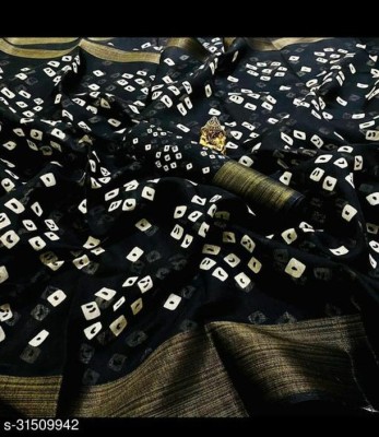 Stuti Printed Bandhani Cotton Blend Saree(Black)