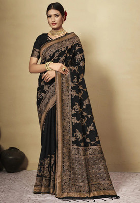 ishika fab Woven Banarasi Cotton Blend Saree(Brown, Black)