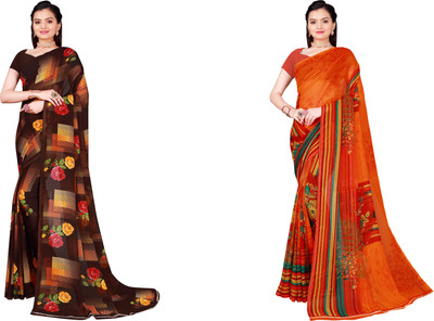 Suntex Geometric Print Bollywood Georgette Saree(Pack of 2, Brown, Orange)