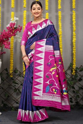 Cuvri Fashion Woven, Self Design, Embellished, Paisley Paithani Art Silk, Jacquard Saree(Blue, Pink)