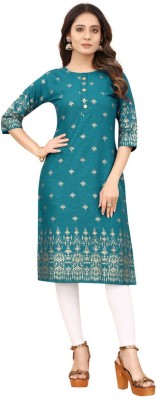 sai fashion Women Printed Frontslit Kurta(Blue, Beige)