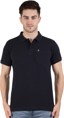 PROMOUNT Solid Men Polo Neck Navy Blue T-Shirt
