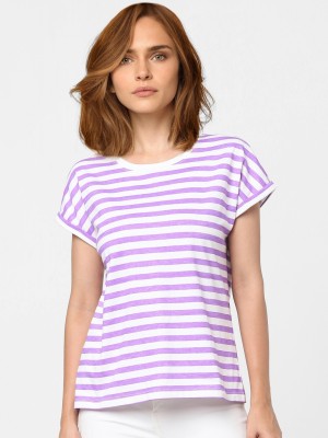 VERO MODA Striped Women Round Neck Purple T-Shirt