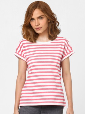 VERO MODA Striped Women Round Neck Pink T-Shirt