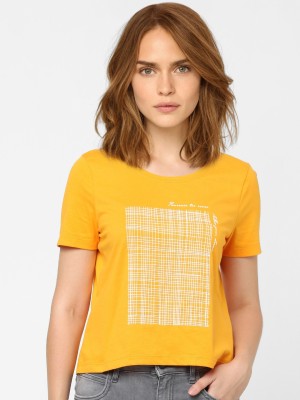 VERO MODA Printed Women Round Neck Yellow T-Shirt