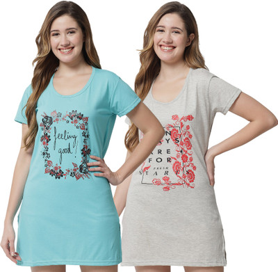 Fit N Fame Printed Women Round Neck Blue, Grey T-Shirt