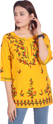 INDICRAFT Casual Embroidered Women Yellow Top
