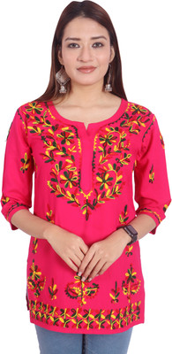 INDICRAFT Casual Embroidered Women Pink Top