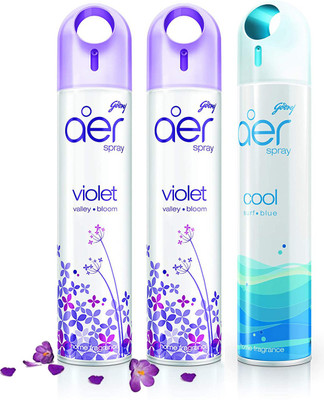 Godrej Aer Freshener Violet Valley Bloom & Cool Surf Blue - Home & Office | Pack of 3 Car Freshener Spray Violet Valley Bloom & Cool Surf Blue(3 x 240 ml)