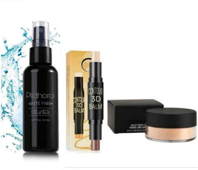 Plethora Makeup fixer spray & 3D Contour stick 2 in 1 & Loose powder(3 Items in the set)