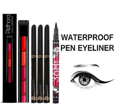 Plethora 5 in 1 Lipstick & 3 pack of kajal pencil & 36 Hours eyeliner(5 Items in the set)