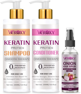 Wroxy Hair Care Combo Keratin Shampoo 200ml, Keratin Conditioner 200ml, Onion Hair Serum 50ml(3 Items in the set)