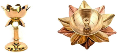SHRI ANAND Combo of Copper Lotus Shape Kamal Patti Akhand Diya & Lotus stand diya Set of 2 Brass (Pack of 2) Table Diya Set(Height: 3 inch)