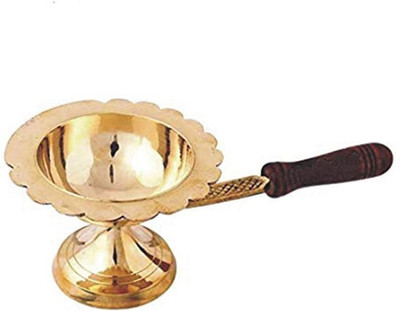 indian art & crafts Pure Brass Dhoop Dani With Wooden Handle | Dhup Dani | Incense Dhup Burner Brass Table Diya(Height: 2 inch)
