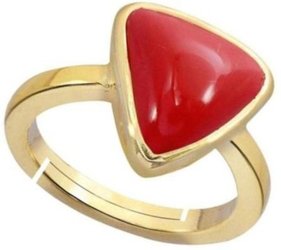 Senroar 7.55 Carat Coral Moonga Triangle Stone Brass Plated Ring Adjustable Brass Coral Ring