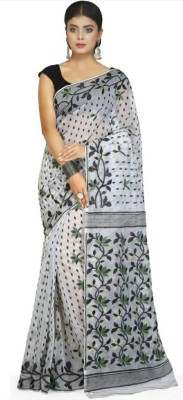 Krishneshwari Self Design Jamdani Pure Cotton Saree(White, Green)