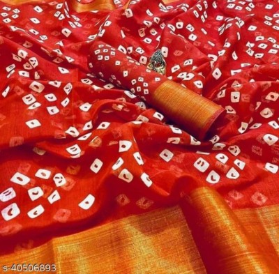 RAHULRAJ TEXTILE Printed Bandhani Cotton Blend Saree(Red)