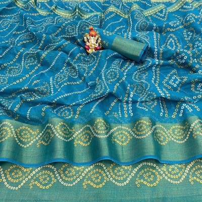 PRANAM Printed Bandhani Cotton Silk Saree(Blue)