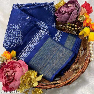 RAHULRAJ TEXTILE Printed Chanderi Cotton Blend Saree(Dark Blue)