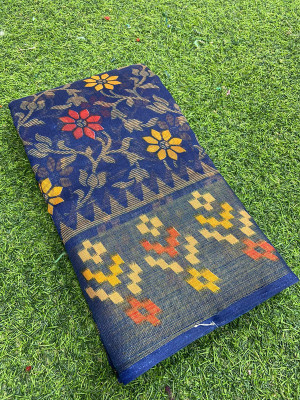 Suntex Printed Chanderi Cotton Blend Saree(Dark Blue)