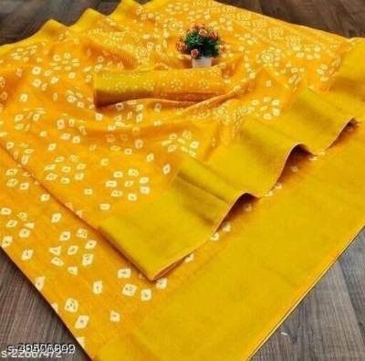 Suali Printed Bandhani Cotton Blend Saree(Yellow)