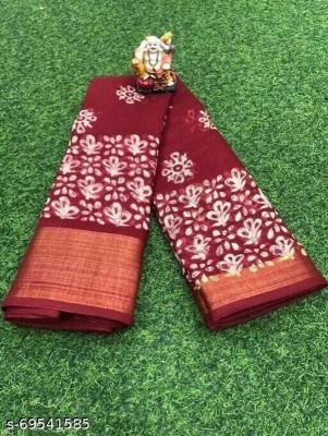 RAHULRAJ TEXTILE Printed Chanderi Cotton Blend Saree(Maroon)