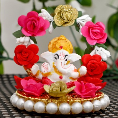 CARGO TEX Lord Ganesha Idol on Decorative Handcrafted Plate for Home and Car Decorative Decorative Showpiece  -  9.5 cm(Polyresin, Metal, Pink, Red, Gold)