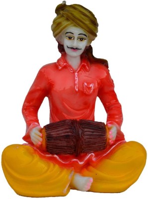 eCraftIndia Rajasthani Musician Statue Playing Dholak Decorative Showpiece  -  15 cm(Wood, Pink, Yellow)