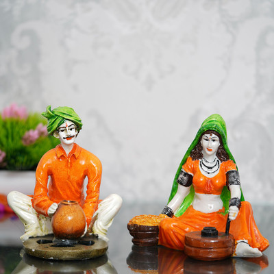 eCraftIndia Combo of Rajasthani Craftman and Lady Statue Decorative Showpiece  -  15 cm(Aluminium, Orange, Green, Brown)