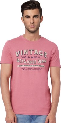 JACK & JONES Typography Men Round Neck Pink T-Shirt