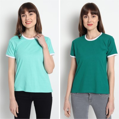 Gutsily Solid Women Round Neck Dark Green, Light Green T-Shirt