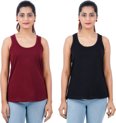 MIDAAS Solid Women Scoop Neck Maroon, Black T-Shirt