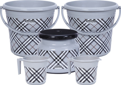 RATAN Frosty Checks Print Grey Pack of 5 Bathroom Set (Bucket x 2, Mug x 2, Stool x 1) 16 L Plastic Bucket(Grey)