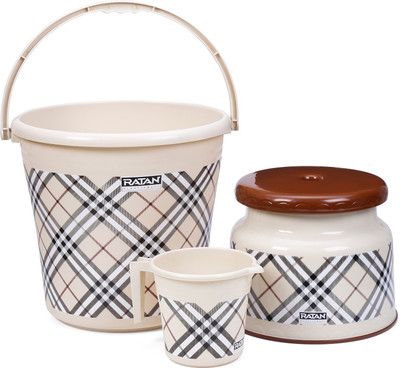 RATAN Frosty Checks Print Beige Pack of 3 Bathroom Set (Bucket x 1,Mug x 1, Stool x 1) 18 L Plastic Bucket(Beige)
