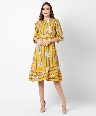 CAMPUS SUTRA Women Fit and Flare Yellow Midi/Calf Length Dress