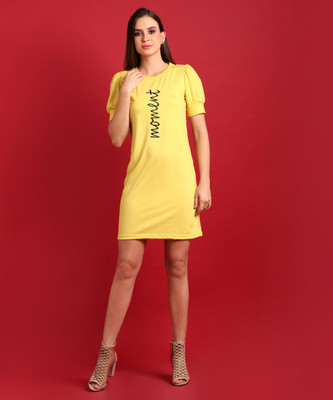 CAMPUS SUTRA Women Fit and Flare Gold Above Knee/Mid Thigh Length Dress