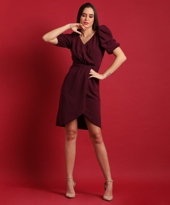 CAMPUS SUTRA Women Fit and Flare Maroon Above Knee/Mid Thigh Length Dress