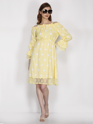 Robecult Women A-line Yellow Knee Length Dress