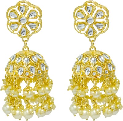 Jewelopia Traditional Gold Kundan Jhumki Golden Plated Jhumki Earrings Pearl Brass Jhumki Earring