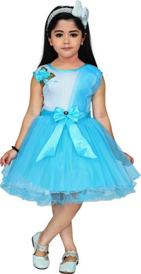 DREAMFILL Girls Midi/Knee Length Party Dress(Blue, Sleeveless)