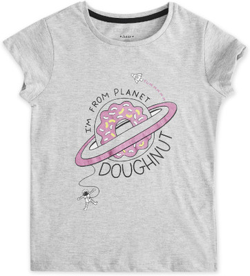 Pantaloons Junior Girls Printed Pure Cotton Regular T Shirt(Grey, Pack of 1)