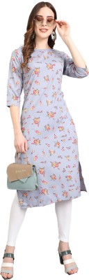 PINK WISH Women Floral Print Straight Kurta(Grey)