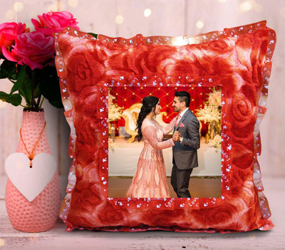 kioni Cushion Pillow With 1 Photo And Messages, 16 x 16 inch Microfibre Solid Cushion Pack of 1(Red)