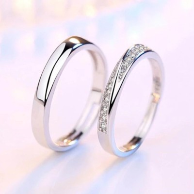 MYKI Simply Beautiful Adjustable Size Rings For Valentine Couple Stainless Steel Swarovski Zirconia Silver Plated Ring Set