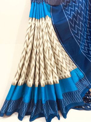 Kjs Printed Ikkat Cotton Blend, Pure Silk Saree(Multicolor)
