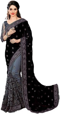 G JELLY FASHION TREE Embroidered, Embellished Bollywood Silk Blend, Net Saree(Black, Grey)